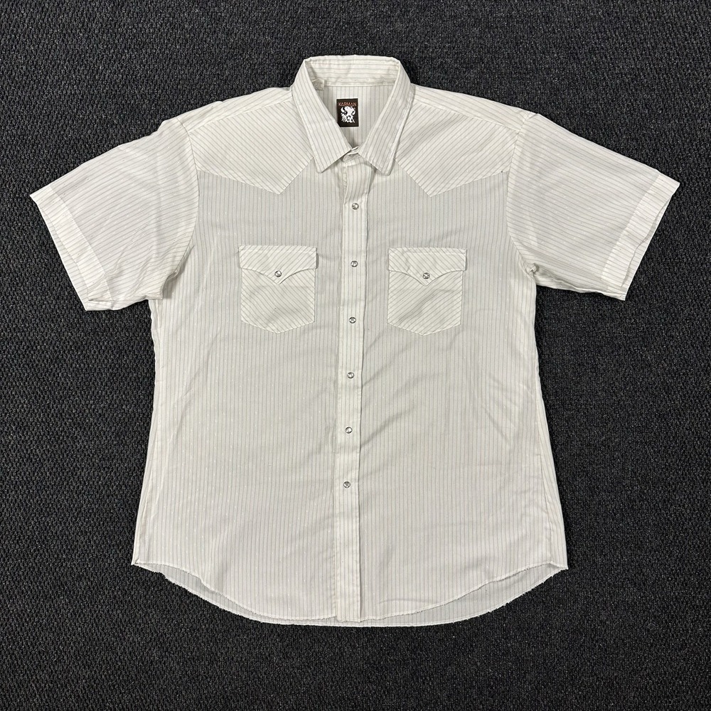 Vintage Karman Western Pearl Snap Shirt Mens 17.5 XL Extra Long Tail USA Made